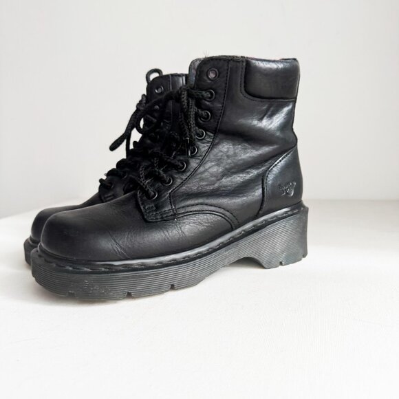 Doc Martens 8 Hole Super Chunky Black Leather Goth Rock Boots Square Toe  7 - Picture 3 of 7